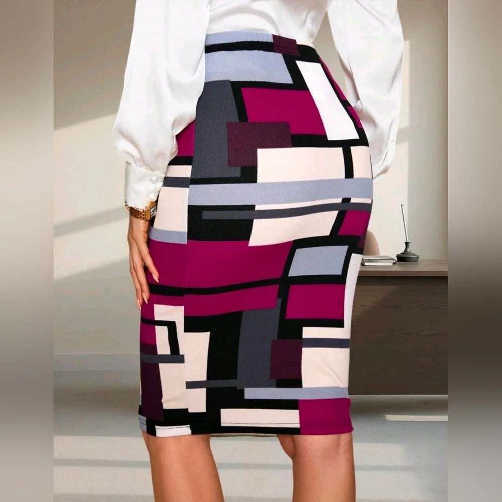 Geometric Patterned High Waist Skirt - Black, Pink, Gray - Picture 2 of 7